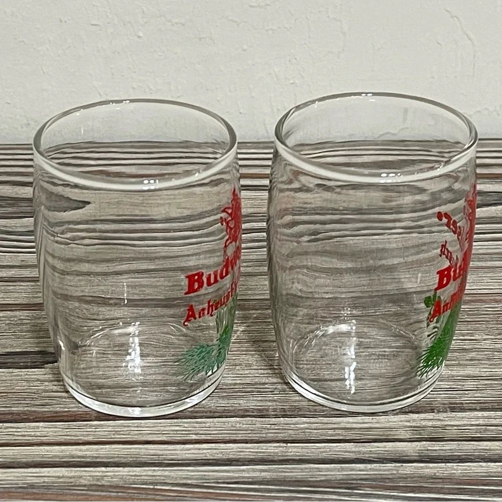 Budweiser Anheuser Busch Barrel Shaped Clear Glasses Set Red Eagle Logo 60s VTG